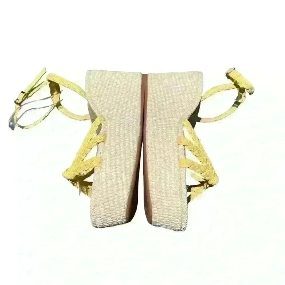 Antonio Melani Yellow Braided Leather Stacked Wedge Sandals 9.5